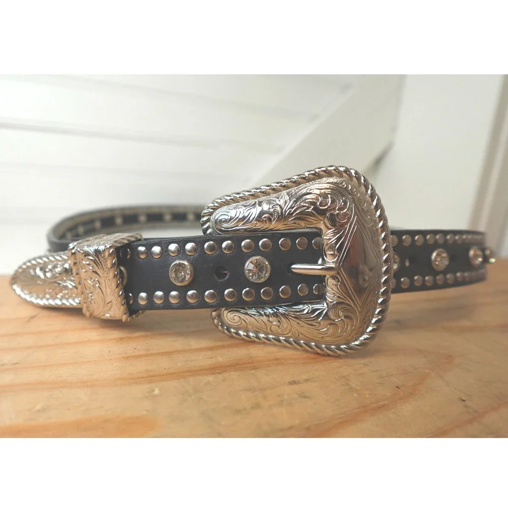 Women's Black Leather Studded Nocona Belt Medium‎ Rhinestones Silver Tone Buckle